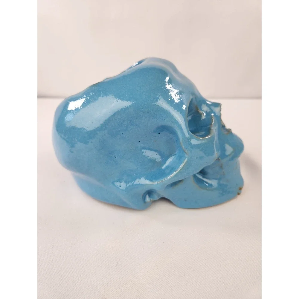 Large Human skull planter pot ceramic Artisan Handmade Art Blue Decor Ohio